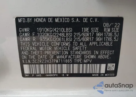 2023 Honda Hr-V Awd Lx из США, поврежденный, VIN 3CZRZ2H37PM711865